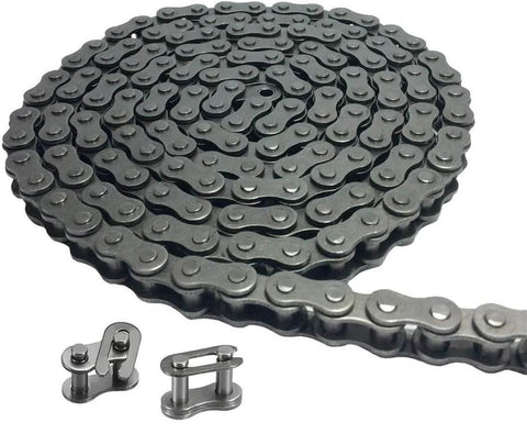 Close-up of a steel roller chain with connecting links for machinery and conveyor systems.