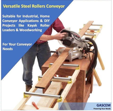 Person using steel rollers on a woodworking conveyor setup, highlighting versatile conveyor application for projects.