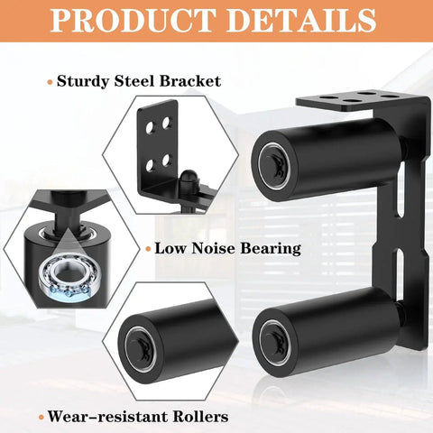 Close-up of Sliding Gate Roller Guide Set with Heavy Duty Steel L Bracket and Adjustable Four Inch Nylon Support