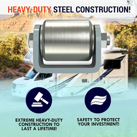 2 Pack 2 Inch Weld On Skid Wheels For Trailers And RVs, Steel Roller Highlighting Heavy Duty Construction with RV Background