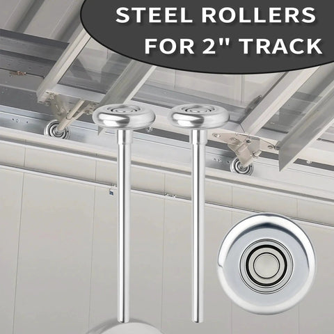 Ten Pack Four Inch Stem Steel Garage Door Rollers For Two Inch Garage Track With Ten Ball Bearings Quiet Durable High Load Commercial Wheels And Precision Bearings Standard OEM Size For Residential Doors shown installed and close-up view.