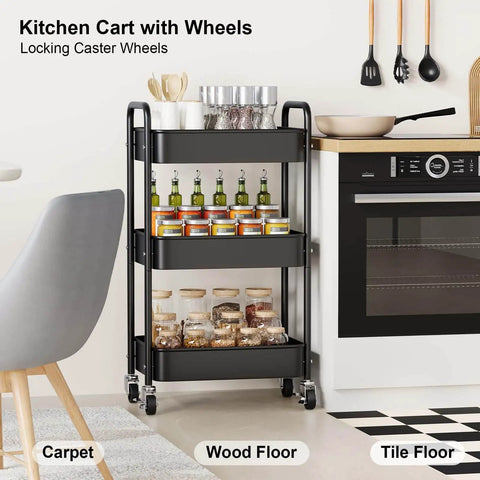 Black Three Tier Rolling Cart On Wheels, Heavy Duty Metal Utility Trolley With Lockable Wheels, in a kitchen setting.