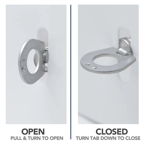 Steel RV Water Heater Latch Twist Cam Lock Replacement Door Fastener for Easy Turn Thumb Operation shown in open and closed positions.