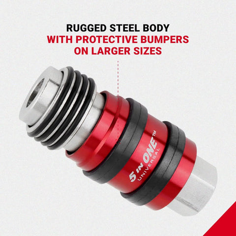 Five Pack All In One Universal Safety Exhaust Coupler Kit One Quarter Inch Body And NPT Red Hose Fittings, steel body.