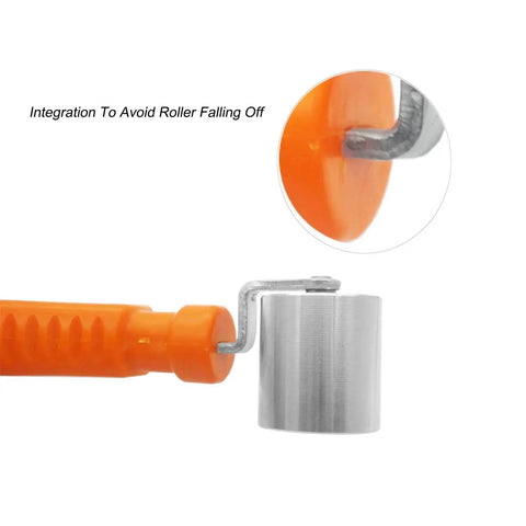Pro Grade Seam Roller Hand Roller With Anti Slip Ergonomic Steel Roller for Wallpaper Vinyl Car Audio Sound Deadening and DIY use, close-up of roller attachment.