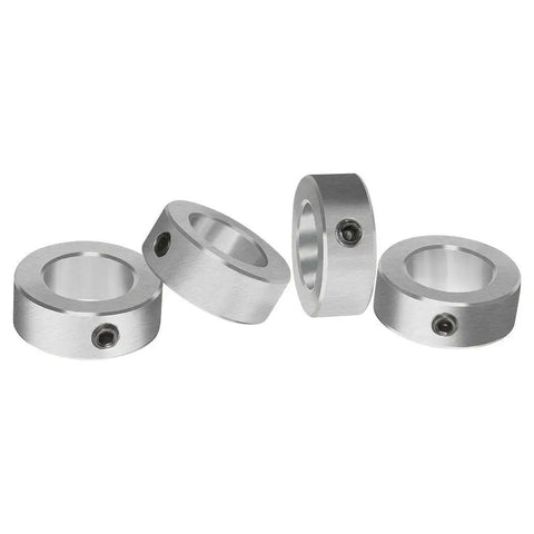 Half Inch Bore Solid Steel Shaft Collar Set With Zinc Plating, Four Pack, One Inch Outer Diameter, Seven Sixteenths Inch Wide, Includes Set Screw With Quarter Twenty Thread, Carbon Steel Construction