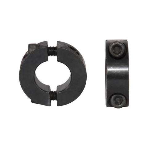 Close-up of black steel circular clamp components, showing two screws on each side, designed for securing and adjusting positions.