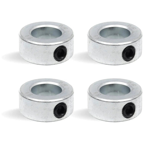 Four Pack Five Eighths Inch Bore Solid Steel Shaft Collars With Set Screws Zinc Plated, shown in front view.