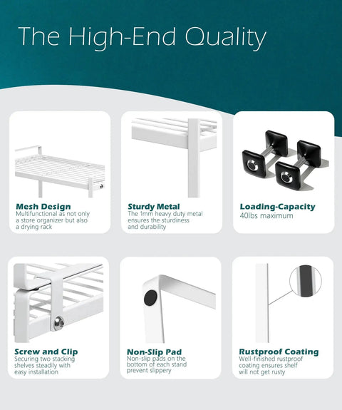 Features of Two Pack Steel Frame Stackable Cabinet Shelf Organizer Racks for Kitchen Pantry Bathroom Bedroom and Office Space Saving.