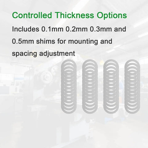 Achieve precise mounting and spacing with a 48-piece M22 flat shim set, offering 0.1, 0.2, 0.3 and 0.5 mm thickness (12 each) for accurate leveling and bracket alignment in mechanical assemblies. Image shows steel shims with thickness options.