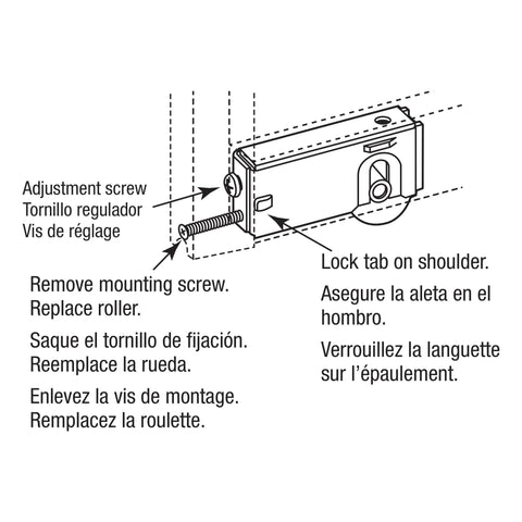 Diagram of Steel Sliding Door Roller Assembly with 1-1/2 Inch Steel Ball Bearing, highlighting adjustment screw and lock tab.