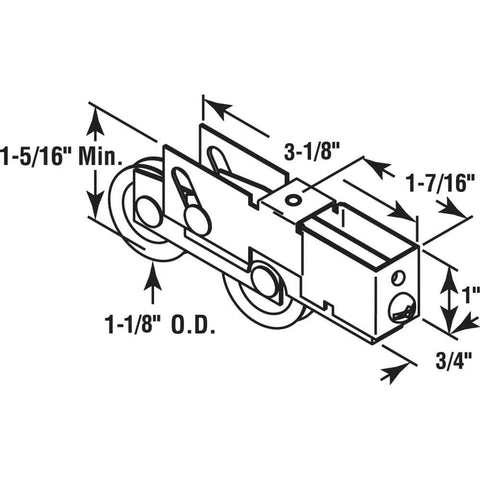 Diagram of Steel Sliding Door Roller Tandem Assembly, 1-1/8 in. Diameter Roller, Steel Ball Bearing with dimensions shown