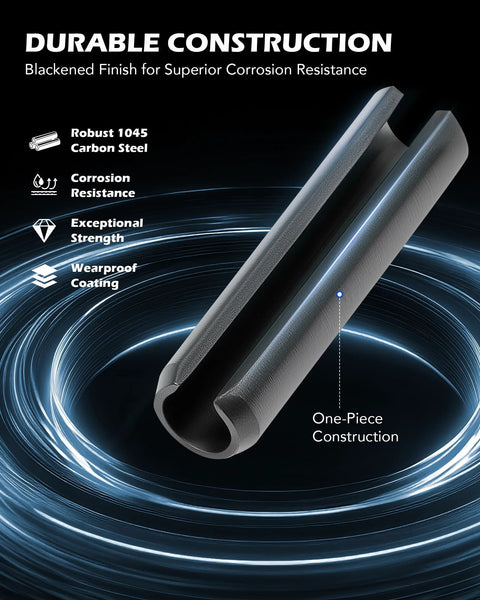 Close-up of a robust 1045 carbon steel slotted spring pin from 400 Piece Roll Pin Set With Slotted Spring Pins M1.5 Through M6 In Multiple Lengths Steel Hollow Expansion Pins Mechanical Fasteners Hardware Kit For Automotive Machinery Furniture And DIY Projects By Zelcan, featuring corrosion resistance and wearproof coating.