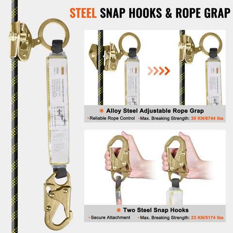 Secure elevated work with a 50 ft vertical lifeline kit featuring steel snap hooks, rope grab, and shock absorber.