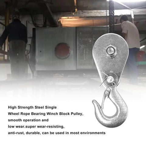 Pulley Hook (1Tons/2,200 LBS) Snatch Block with Hook, heavy-duty steel snatch block with a single wheel and hook, industrial setting
