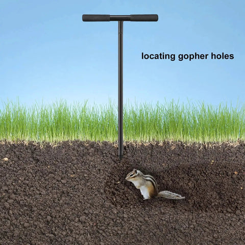 Hardcore 48 Inch Adjustable Soil Probe With T Handle All Steel Ground Rod locating gopher holes in a grassy soil.