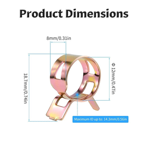 Close-up of 50 Pieces Spring Band Type Clamps Set 8mm ID Silicone Vacuum Hose Clips, galvanized steel, with dimensions.