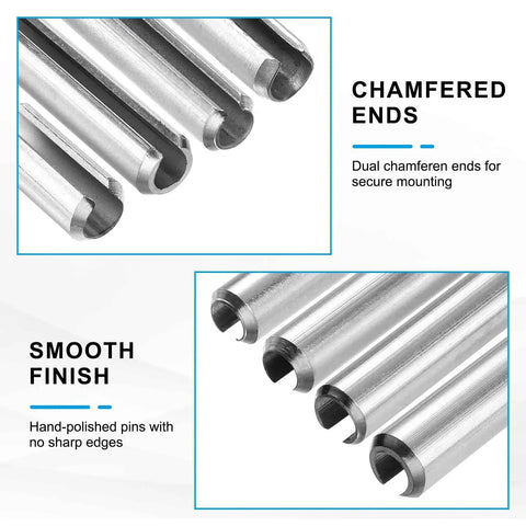 60Pcs Slotted Split Roll Pins Set 4mm Diameter and 14mm Length, Silver MECCANIXITY with chamfered ends and smooth finish details