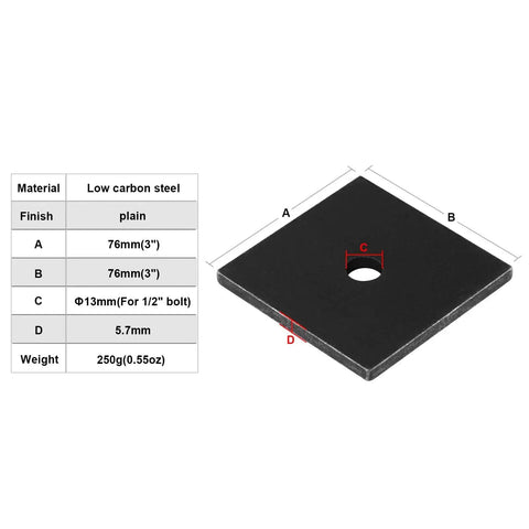 Eight Pack 3x3 Inch Square Flat Washers With 13 Mm Center Hole For Half Inch Bolts In Low Carbon Steel With Plain Finish diagram