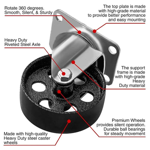 Image of a 4 Pack Heavy Duty Large Steel Swivel Caster Wheel with 3.5 inch diameter and 2.5 x 3.5 plate for furniture and industrial use.