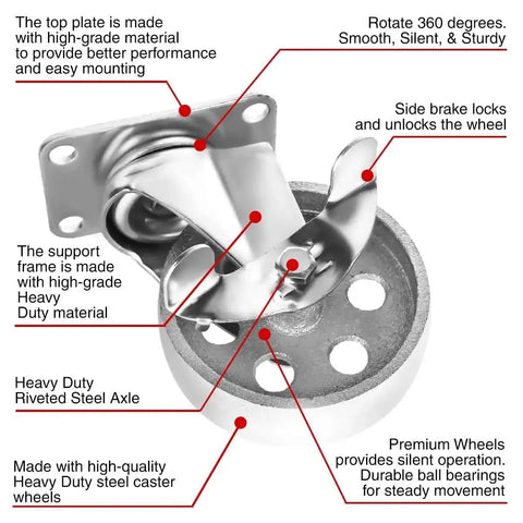 Heavy Duty 4in Steel Swivel Plate Caster with Brake, Iron Gray Finish, Detailed View Highlighting Construction Features