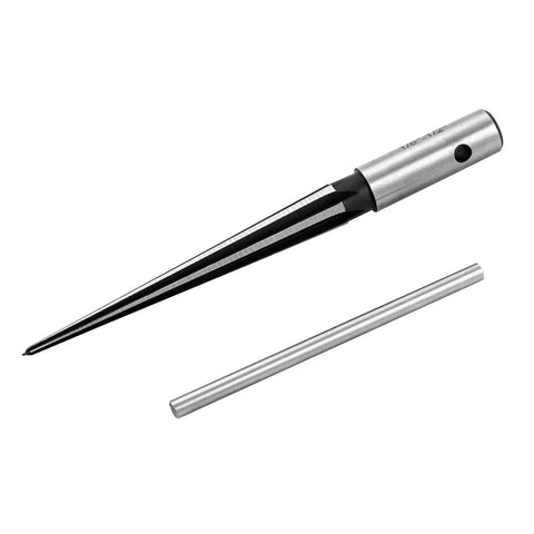 Pro Grade Tapered Straight Flute Reamer with T Handle for wood and plastic holes, 1/8 to 1/2 inch, heavy duty 45 steel tool, shown disassembled