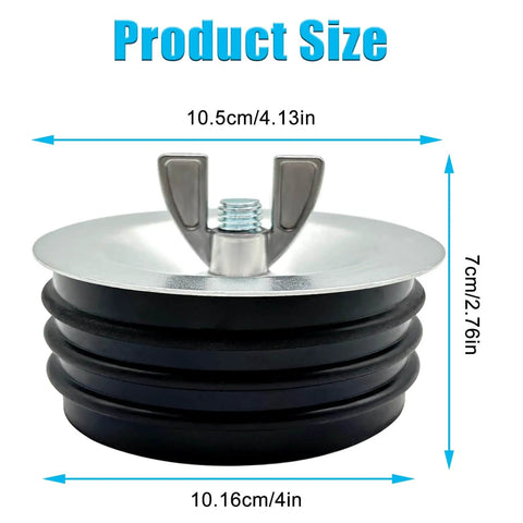 Sturdy Steel Mechanical Test Plug For Sewer Cleanouts With Galvanized Screw And Wing Nut 4 Inch Cap Built To Last Fits Most Pipes Sinks And Pools Easy Install Leak Proof Black front view showing dimensions