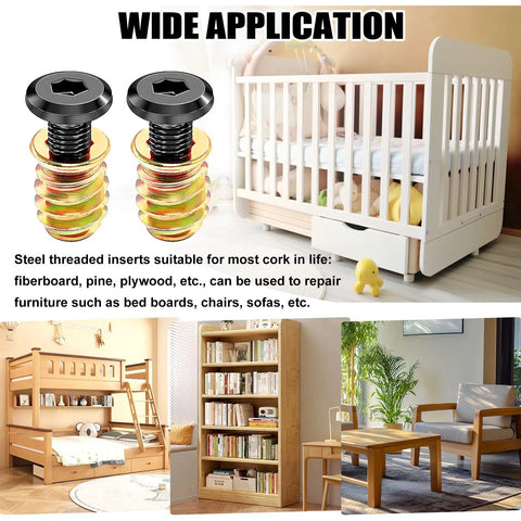 32 Piece Wood Threaded Inserts And Nuts Set With Hex Spanner For Furniture Repair And DIY Woodworking displayed with wooden furniture.