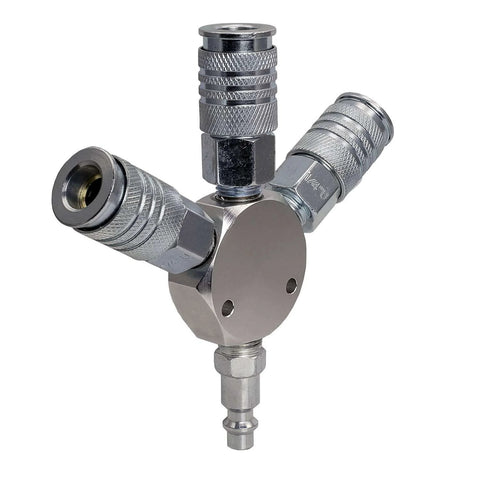 Steel Three Way Air Manifold With Universal Quick Connect Couplers 1/4 Inch Inlet And Outlets For Industrial Pneumatic Tools