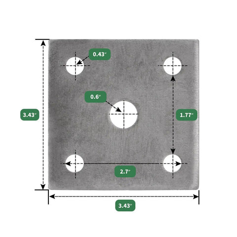 Square tie plate for 1-3/4 inch trailer axles, shows dimensions 3.43 inches with bolt holes for durable rust resistant U bolt kit