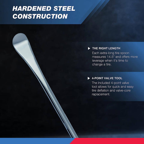 Close-up view of NEIKO 20601A 14.5” Steel Tire Spoons Tool Set, highlighting the curved spoon and valve tool features.