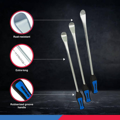 NEIKO 20601A 14.5” Steel Tire Spoons Tool Set featuring rust-resistant, extra-long spoons with rubberized groove handles.