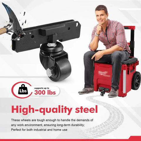 Front Wheels For Packout Rolling Tool Box 360 Degree Rotation Caster Wheels Accessories Improve Maneuverability And Mobility For Heavy Tool Chests Making Transportation Easier In Industrial And Home Use shown installed on a toolbox with person sitting.