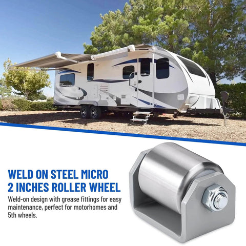 Weld on Trailer Roller Heavy Duty Steel Skid Wheels shown with RV trailer, perfect for motorhomes and 5th wheels (Pack of 2)