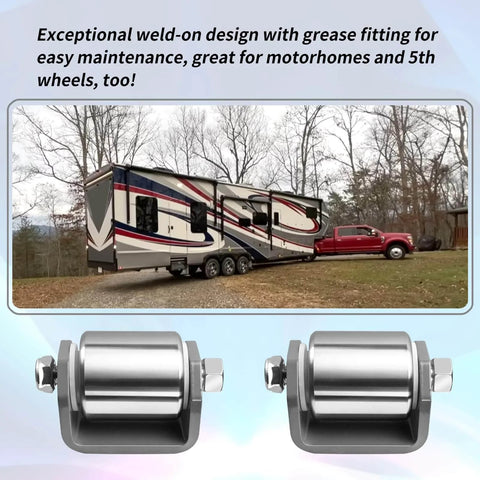 2 Pcs Steel Micro Rollers,2 Inches Trailer Roller Heavy Duty Steel Wheel Fits for RV Trailers， Motorhome and 5th Wheels with image of RV and red truck