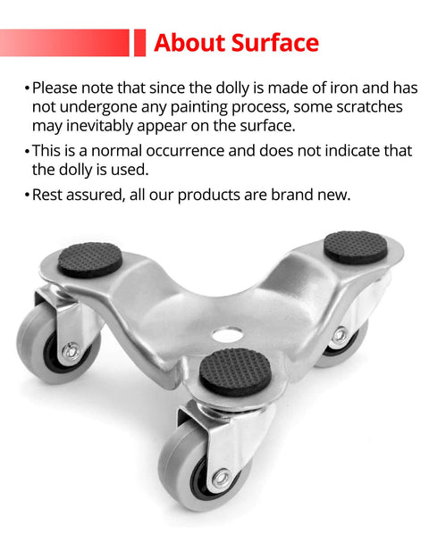 4 pcs 6" Steel Tri-Dolly, 200 lbs Load Capacity, swivel caster for moving furniture and appliances, shown unpainted with surface details