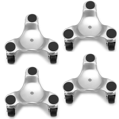 Set of 4 steel tri dolly casters with 3 wheel design, 200 lb load capacity per dolly, shown on a white background