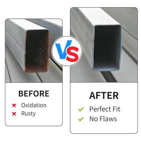 Comparison image showing before and after installation of protective black end caps for Unistrut channel ends, highlighting secure coverage.