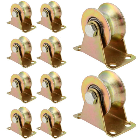 Image showing a 10 Pack 2 Inch U Groove Wheel Pulley, Steel U-Type Groove Wheel, Rigid Caster with Bracket Sliding Gate Rollers for Inverted Track