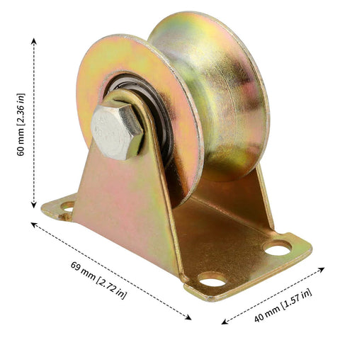 Front view of gold galvanized steel 10 Pack 2 Inch U Groove Wheel Pulley, Steel U-Type Groove Wheel with bracket for sliding gate rollers.