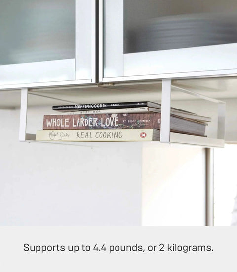 Home Plate Under Shelf Storage Rack - Cabinet Organizer - Steel with cookbooks underneath kitchen cabinet