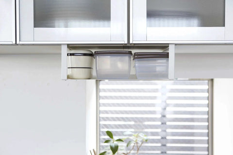Home Plate Under Shelf Storage Rack - Cabinet Organizer - Steel installed with containers in kitchen cabinet view