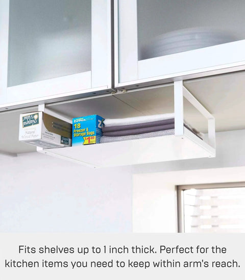 Home Plate Under Shelf Storage Rack - Cabinet Organizer - Steel installed under kitchen cabinet holding foil and storage bags