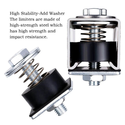 1-5/8 inch Unistrut trolley limit hardware with anti shock and anti vibration design, spring washers, thick rubber pads, front view