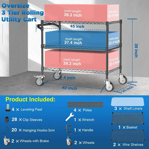 Heavy Duty Rolling Utility Cart With Wheels For Kitchen And Restaurant Use Kitchen Workhorse 45 Inch NSF Certified Commercial Grade Steel Cart 1120 Lbs Capacity With Handle And Shelf Liners Black Leteuke