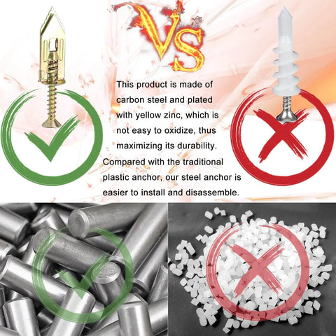 Comparison of zinc plated steel anchor and plastic anchor for 410 pcs self drilling drywall anchors and screws kit with text descriptions