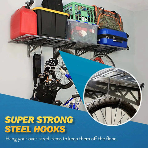 Garage Wall Shelf Two Pack In White Or Hammertone Finish Steel Wall Mounted Shelves With Bike Hooks Three Size Options Including 18x36