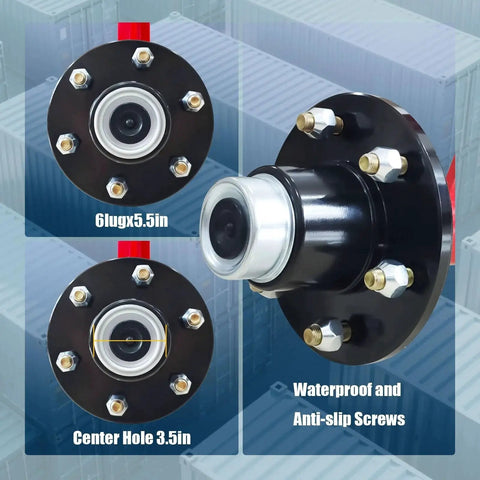 Container Wheel Kit With 6-Lug Axles And Heavy Duty Ratchet Tie Downs, showing steel axles with lug details.