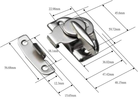 Flat Black Cam Action Window Sash Lock And Keeper Set Four Pack Durable Steel Construction Includes Mounting Screws For Easy Install One And Three Quarter Inch Hole Center Made In Taiwan, dimensions displayed