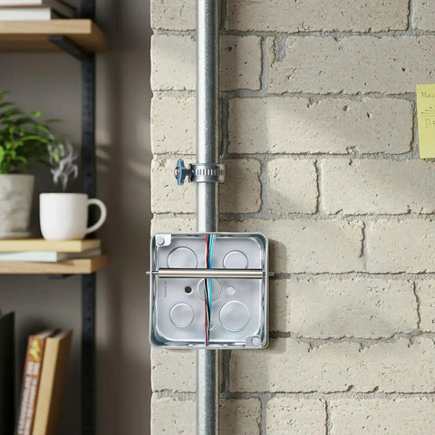 Two Pack Steel Wire Pulling Roller Set For 4 Inch Electrical Boxes installed on brick wall, shown managing wires in box